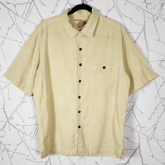 Caribbean Yellow Tropical Jacquard Silk Cotton Camp Shirt - Picture 1 of 5